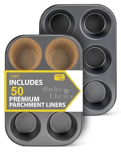 Bake Choice 2 Pack Jumbo Muffin Pan for Baking, Extra Large Cupcake Pan includes 50 Natural Jumbo Cupcake Liners, Muffin Tin Nonstick 6 Cup, Baking Pans Set, Carbon Steel Baking Supplies