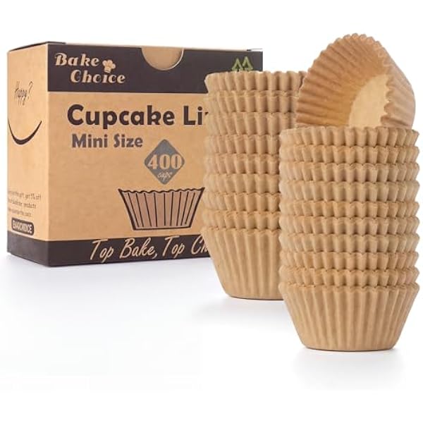 Bake Choice Non-Stick 400pcs Mini Cupcake Liners for Baking, Natural parchment muffin liners for Mini Muffin Pan, Cupcake Pan, Food Grade, Non Stick, Greaseproof