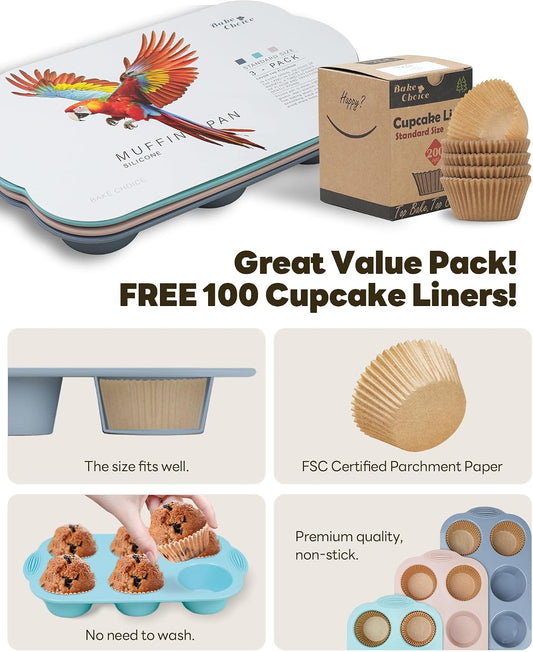 Bake Choice Silicon Muffin Pan-3-pack includes 100 Natural Cupcake Liners, 6-cavity Regular Size, BPA Free, Egg Bite & Muffin Molds for Baking — product details