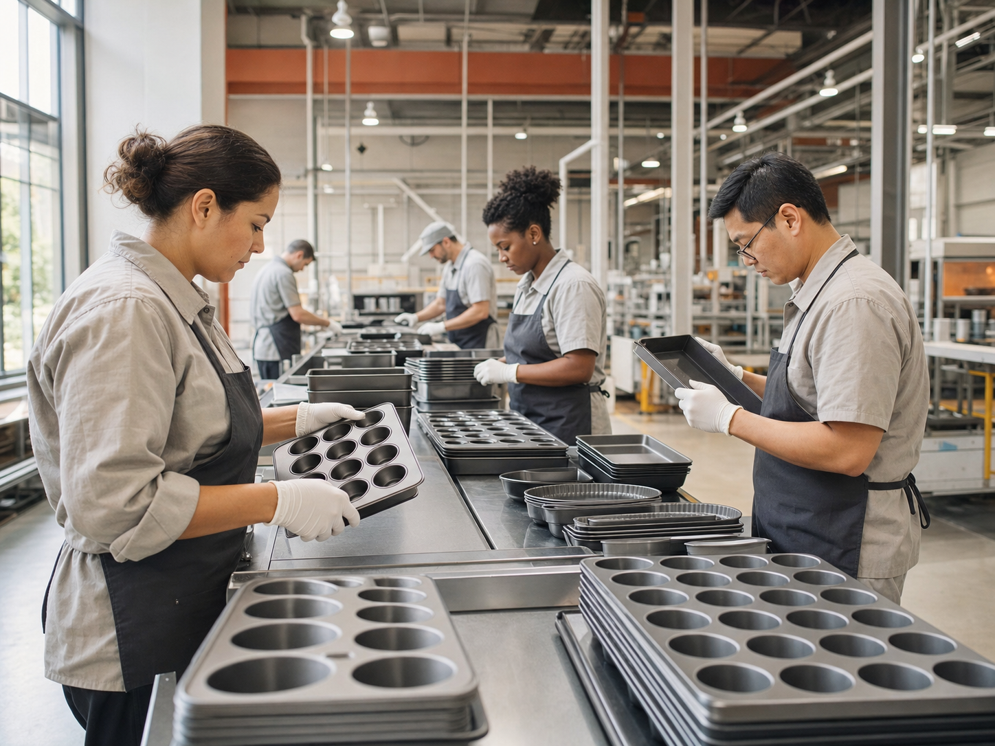 A production team inspecting bakeware in a clean facility