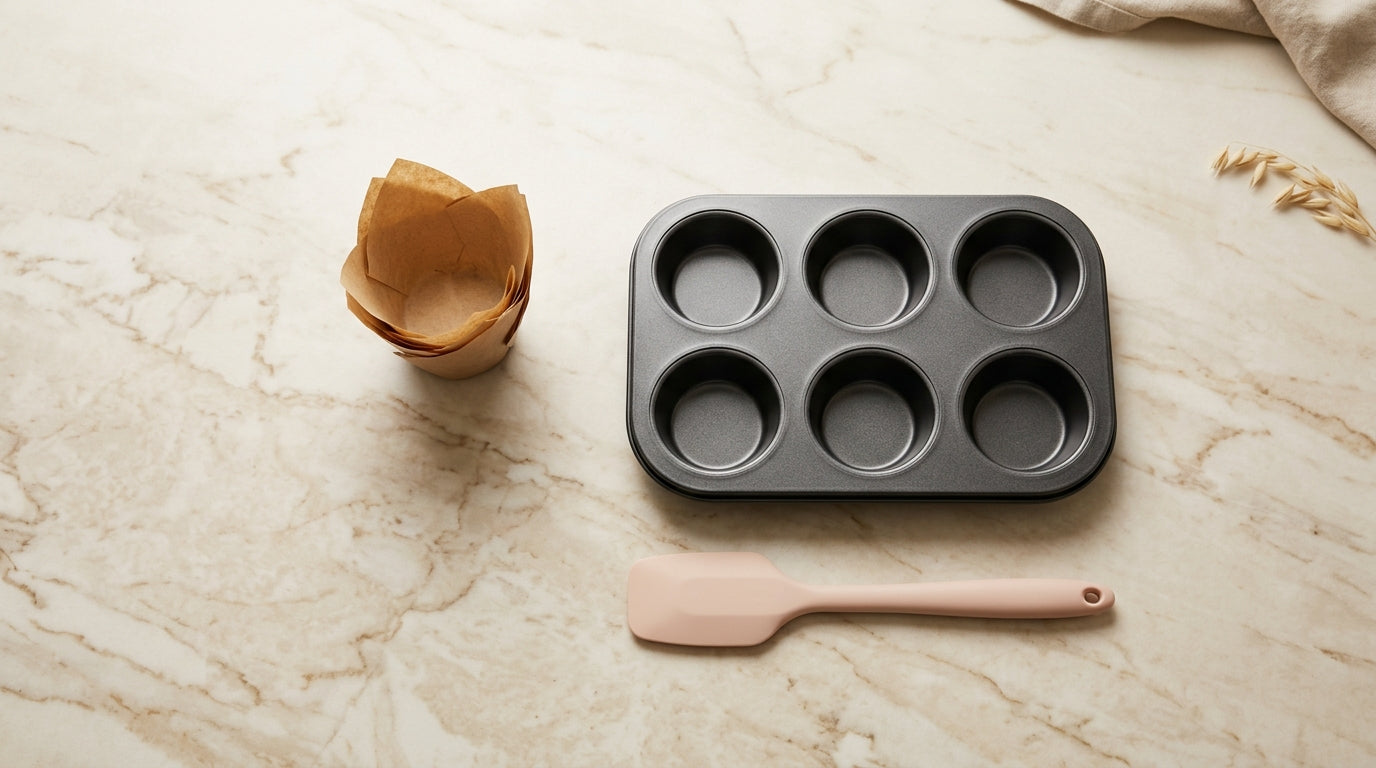 Food-grade paper liners, a muffin pan and a silicone spatula