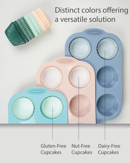 [Standard Size] Silicon Muffin Pan-3-pack includes 100 Natural Cupcake Liners, 6-cavity Regular Size, BPA Free, Egg Bite & Muffin Molds for Baking