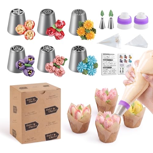 Bake Choice 46 Pcs Russian Piping Tips Set with Piping Bags, 6 Russian Tips, 2 Leaf Tips and 2 Couplers for Cakes, Cupcakes and Cookies