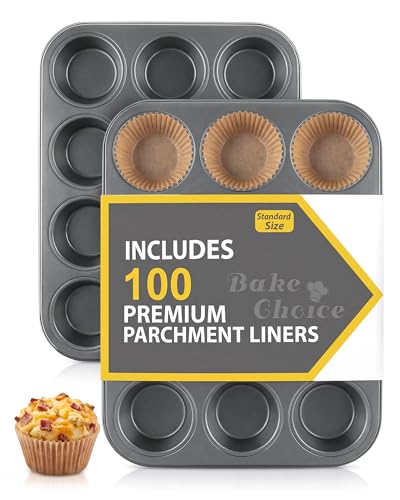 Bake Choice 2 Pack Muffin Pan for Baking, Standard Cupcake Pan includes 100 Natural Cupcake Liners, Muffin Tin Nonstick 12 Cup, Baking Pans Set, Carbon Steel Baking Supplies