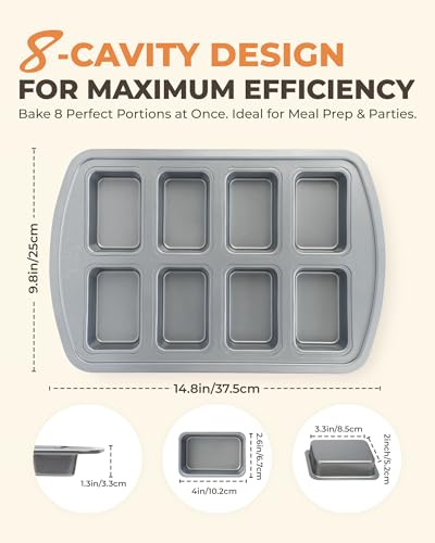 Bake Choice Mini Loaf Pan, 8-Cavity Non-Stick Carbon Steel Baking Pan for Banana Bread, Cornbread, Cheesecake, Muffins, Pound Cake and Small Meatloaf