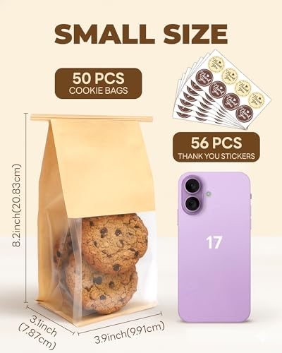 Bake Choice 50 Pcs Small Cookie Bags with Seal, 3.9 x 3.1 x 8.2 Inch Tin-Tie Bakery Bags with Window for Muffins, Brownies and Treats