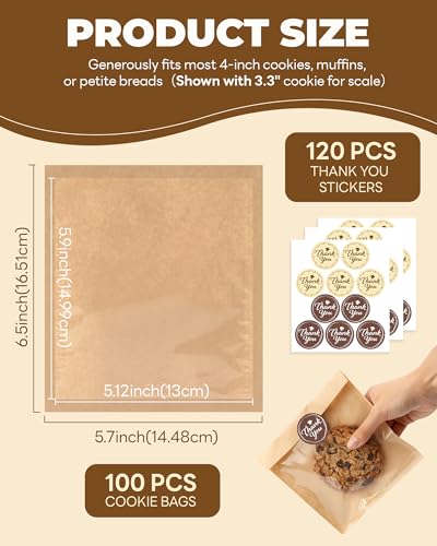 Bake Choice 100 Pcs Cookie Bags with Seal, 5.7 x 6.5 Inch Heat-Sealable Greaseproof Bakery Bags with Window for Baked Goods and Gifts