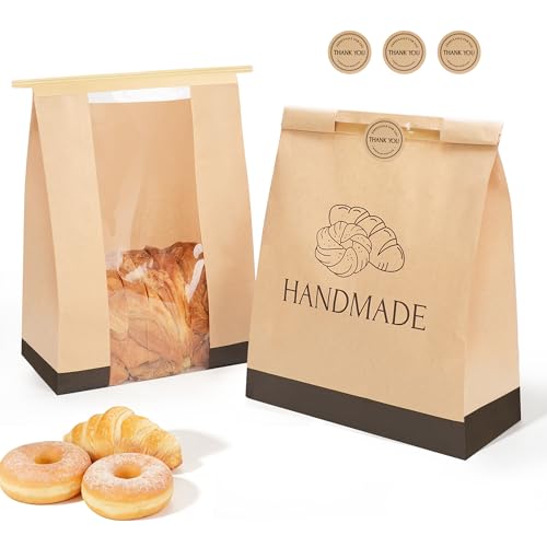 Bake Choice 100 Pcs Paper Bread Bags for Homemade Bread, 14 x 8.3 x 3.5 Inch Sourdough Bags with Tin-Tie Closure and 126 Seal Stickers