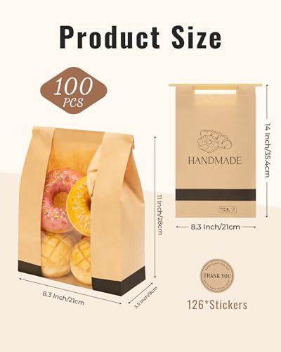 Bake Choice 100 Pcs Paper Bread Bags for Homemade Bread, 14 x 8.3 x 3.5 Inch Sourdough Bags with Tin-Tie Closure and 126 Seal Stickers