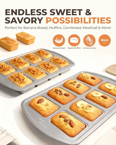 Bake Choice Mini Loaf Pan, 8-Cavity Non-Stick Carbon Steel Baking Pan for Banana Bread, Cornbread, Cheesecake, Muffins, Pound Cake and Small Meatloaf
