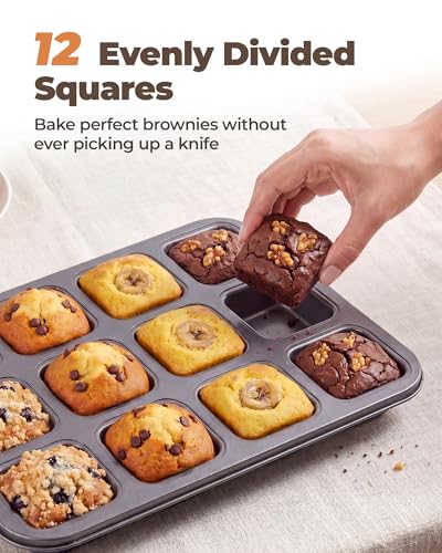 Bake Choice Square Brownie Pan with Dividers, Non-Stick Carbon Steel 12-Cavity Baking Tray for Brownies, Cupcakes, Muffins, Cookies and Bread