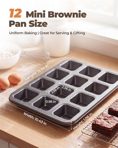 Bake Choice Square Brownie Pan with Dividers, Non-Stick Carbon Steel 12-Cavity Baking Tray for Brownies, Cupcakes, Muffins, Cookies and Bread