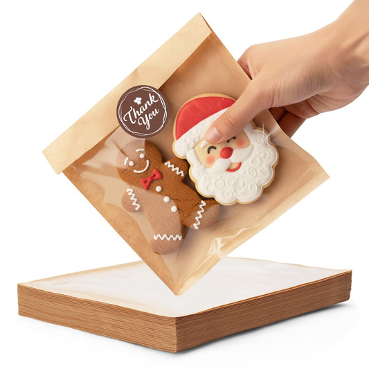 Bake Choice 100 Pcs Cookie Bags with Seal, 5.7 x 6.5 Inch Heat-Sealable Greaseproof Bakery Bags with Window for Baked Goods and Gifts