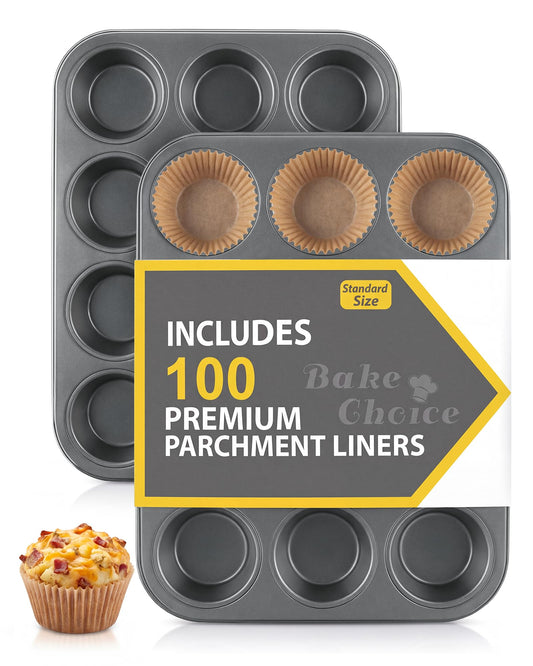 Bake Choice 2 Pack Muffin Pan for Baking, Standard Cupcake Pan includes 100 Natural Cupcake Liners, Muffin Tin Nonstick 12 Cup, Baking Pans Set, Carbon Steel Baking Supplies