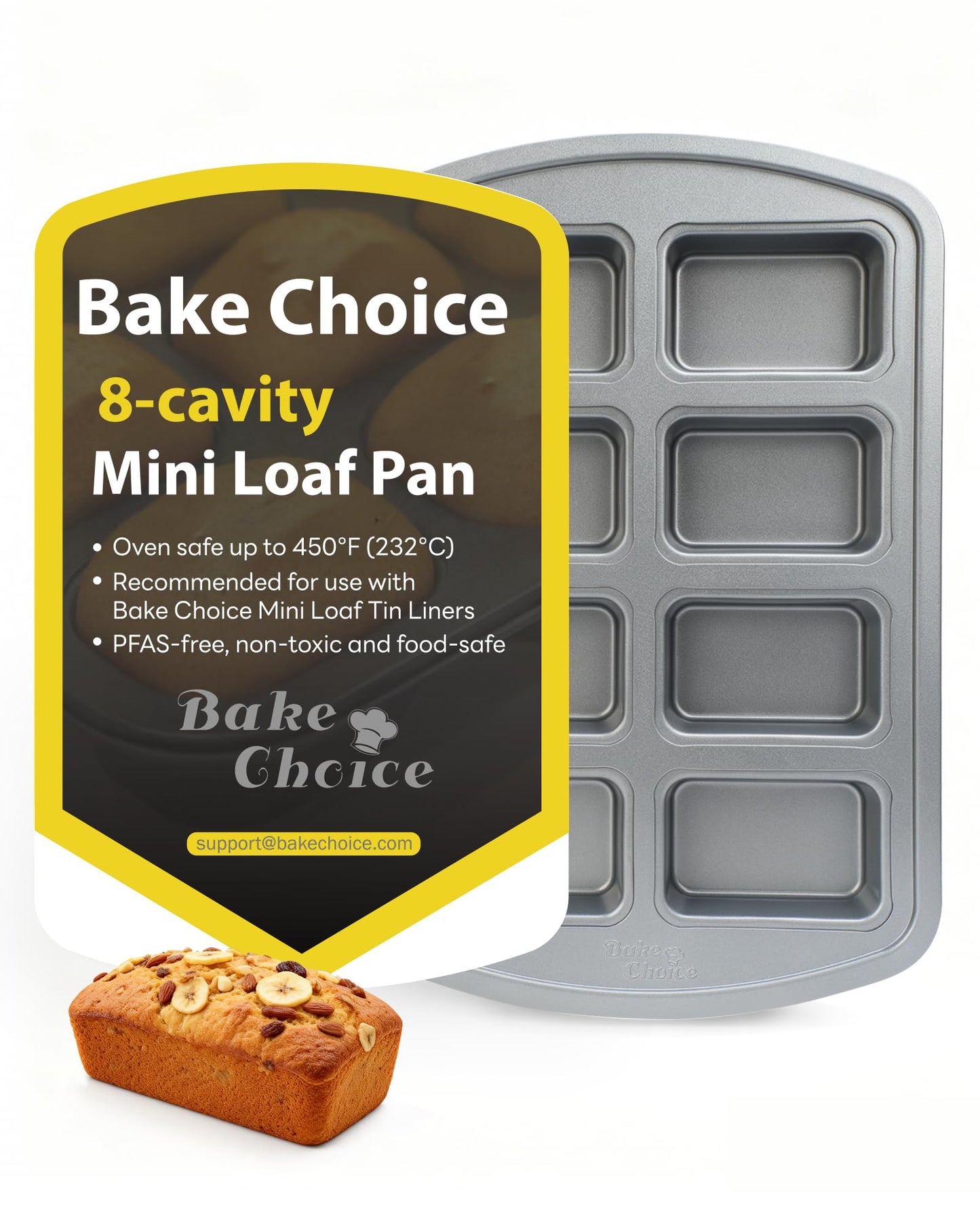 Bake Choice Mini Loaf Pan, 8-Cavity Non-Stick Carbon Steel Baking Pan for Banana Bread, Cornbread, Cheesecake, Muffins, Pound Cake and Small Meatloaf