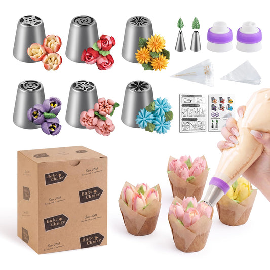 Bake Choice 46 Pcs Russian Piping Tips Set with Piping Bags, 6 Russian Tips, 2 Leaf Tips and 2 Couplers for Cakes, Cupcakes and Cookies