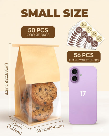Bake Choice 50 Pcs Small Cookie Bags with Seal, 3.9 x 3.1 x 8.2 Inch Tin-Tie Bakery Bags with Window for Muffins, Brownies and Treats