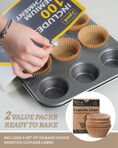 Bake Choice 2 Pack Muffin Pan for Baking, Standard Cupcake Pan includes 100 Natural Cupcake Liners, Muffin Tin Nonstick 12 Cup, Baking Pans Set, Carbon Steel Baking Supplies
