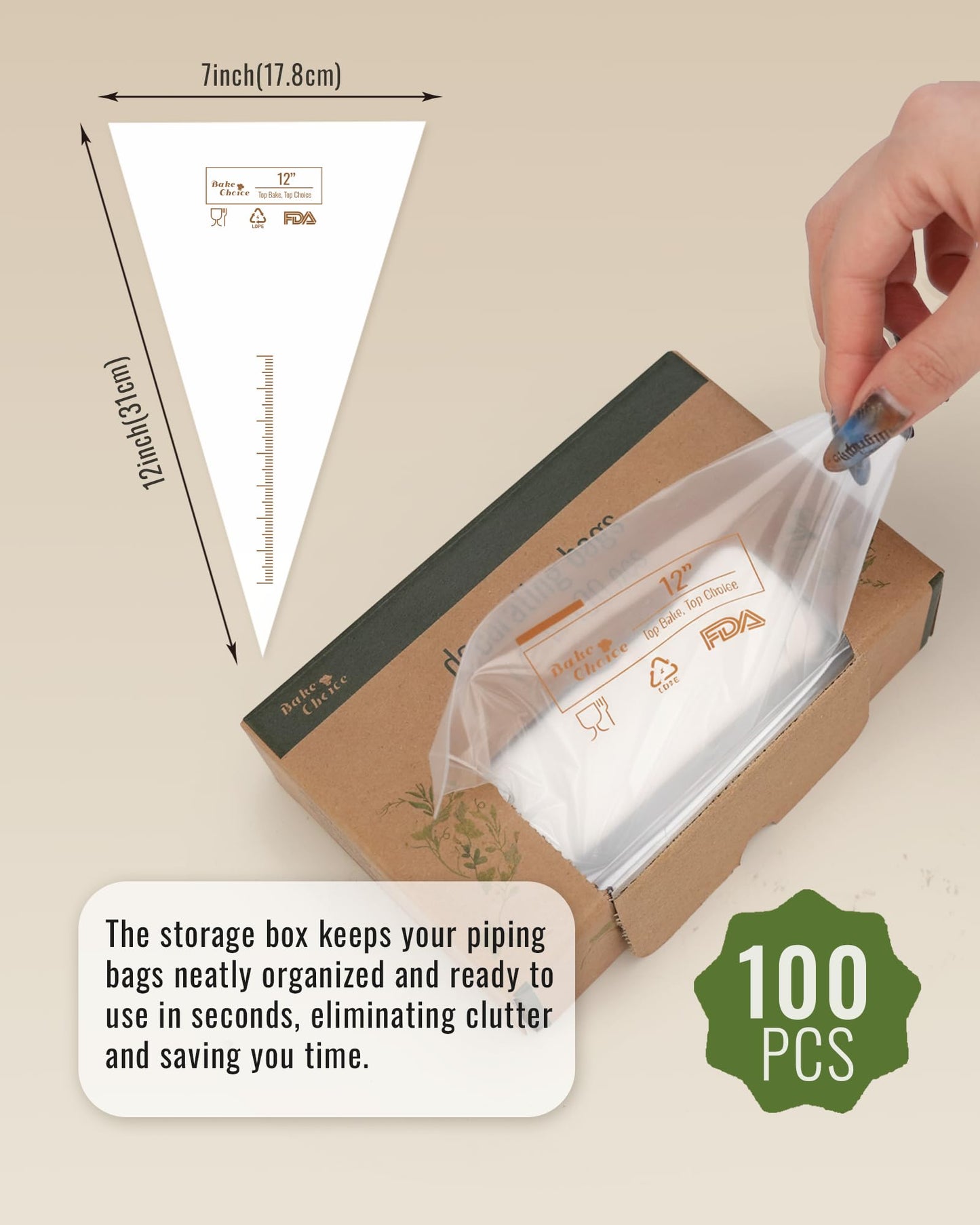 Bake Choice 12 Inch Piping Bags, 100 Pcs Thickened Disposable Pastry Bags for Cream, Frosting, Cake and Cookie Decorating