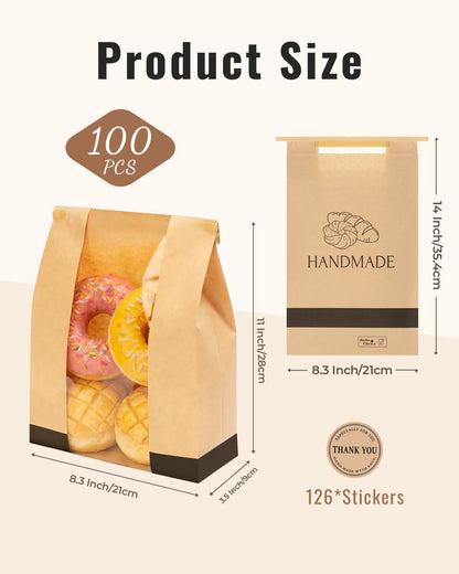 Bake Choice 100 Pcs Paper Bread Bags for Homemade Bread, 14 x 8.3 x 3.5 Inch Sourdough Bags with Tin-Tie Closure and 126 Seal Stickers