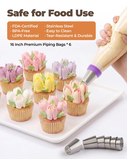 Bake Choice 46 Pcs Russian Piping Tips Set with Piping Bags, 6 Russian Tips, 2 Leaf Tips and 2 Couplers for Cakes, Cupcakes and Cookies