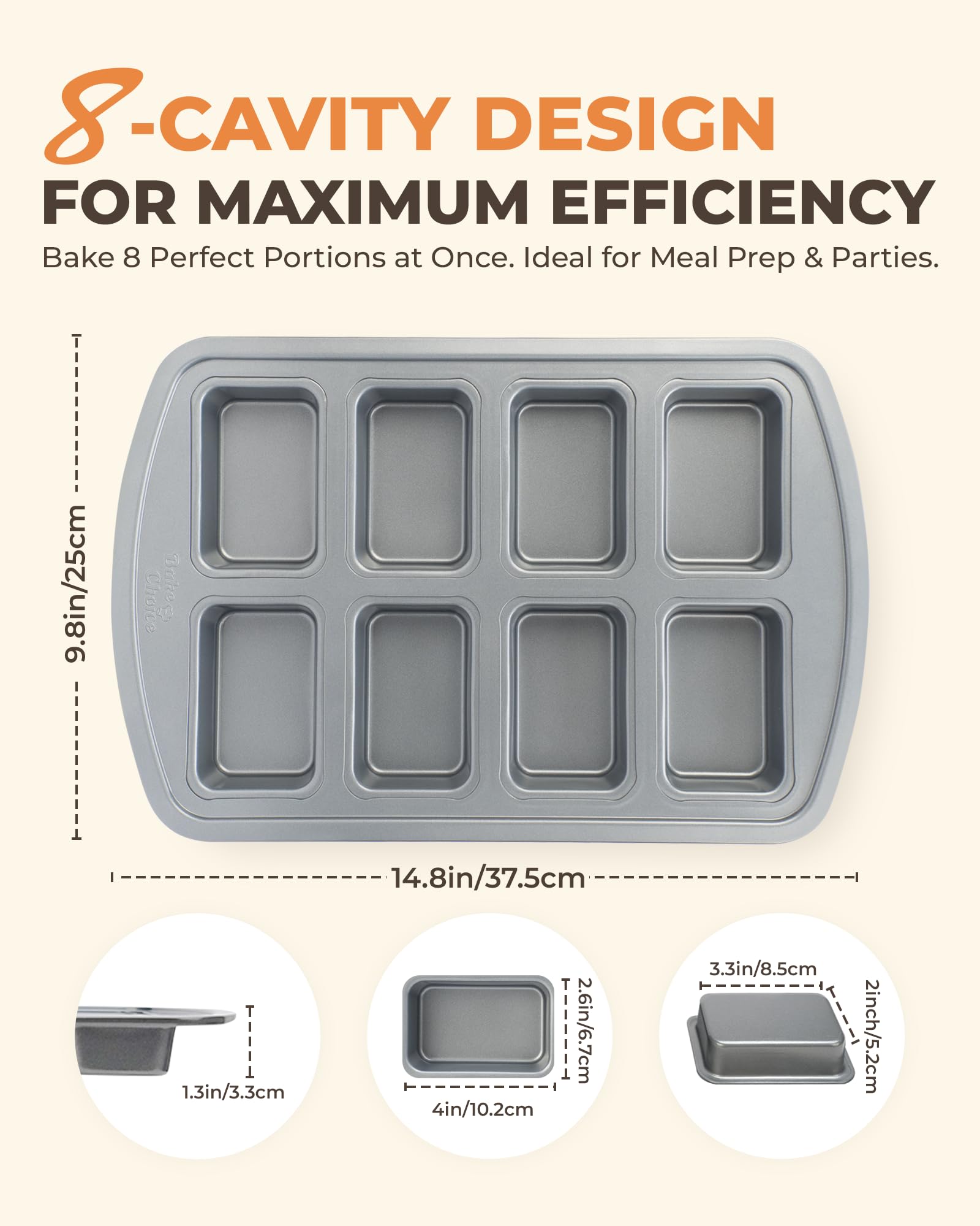 Bake Choice Mini Loaf Pan, 8-Cavity Non-Stick Carbon Steel Baking Pan for Banana Bread, Cornbread, Cheesecake, Muffins, Pound Cake and Small Meatloaf