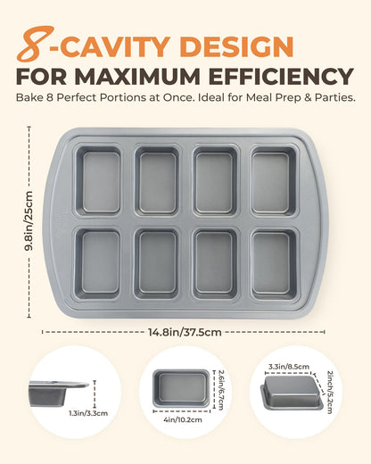 Bake Choice Mini Loaf Pan, 8-Cavity Non-Stick Carbon Steel Baking Pan for Banana Bread, Cornbread, Cheesecake, Muffins, Pound Cake and Small Meatloaf