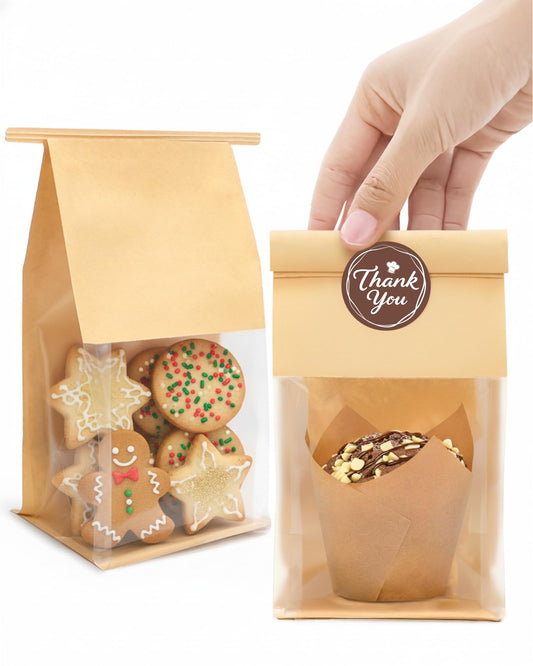 Bake Choice 50 Pcs Small Cookie Bags with Seal, 3.9 x 3.1 x 8.2 Inch Tin-Tie Bakery Bags with Window for Muffins, Brownies and Treats