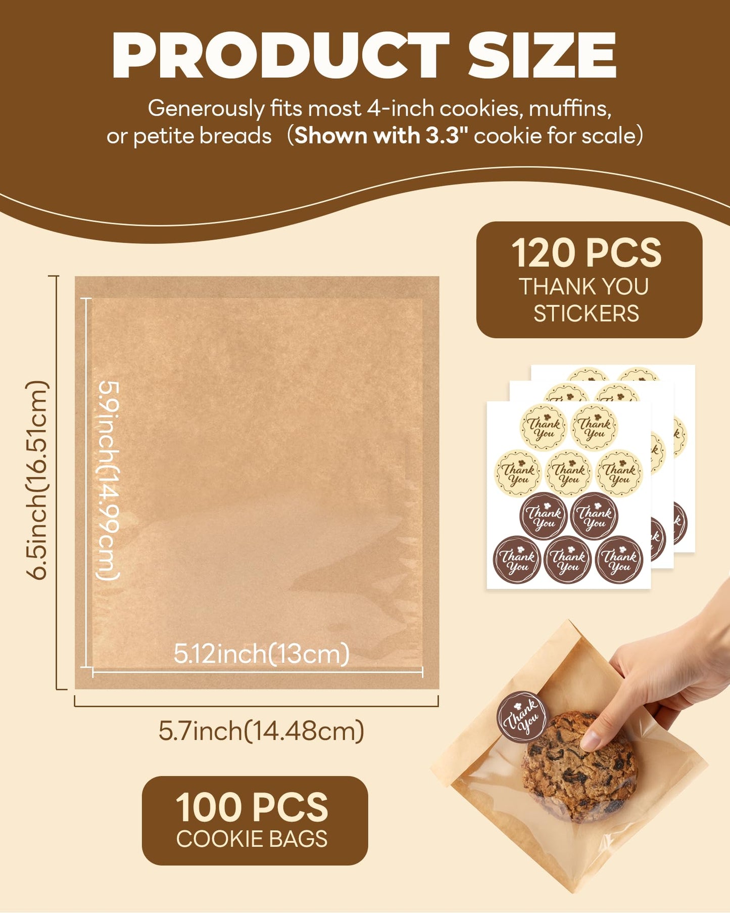 Bake Choice 100 Pcs Cookie Bags with Seal, 5.7 x 6.5 Inch Heat-Sealable Greaseproof Bakery Bags with Window for Baked Goods and Gifts