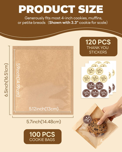 Bake Choice 100 Pcs Cookie Bags with Seal, 5.7 x 6.5 Inch Heat-Sealable Greaseproof Bakery Bags with Window for Baked Goods and Gifts