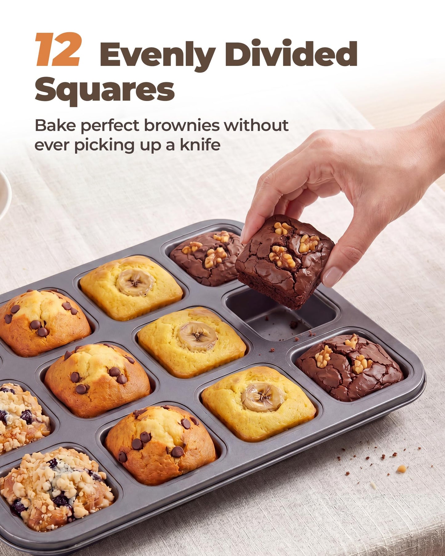 Bake Choice Square Brownie Pan with Dividers, Non-Stick Carbon Steel 12-Cavity Baking Tray for Brownies, Cupcakes, Muffins, Cookies and Bread