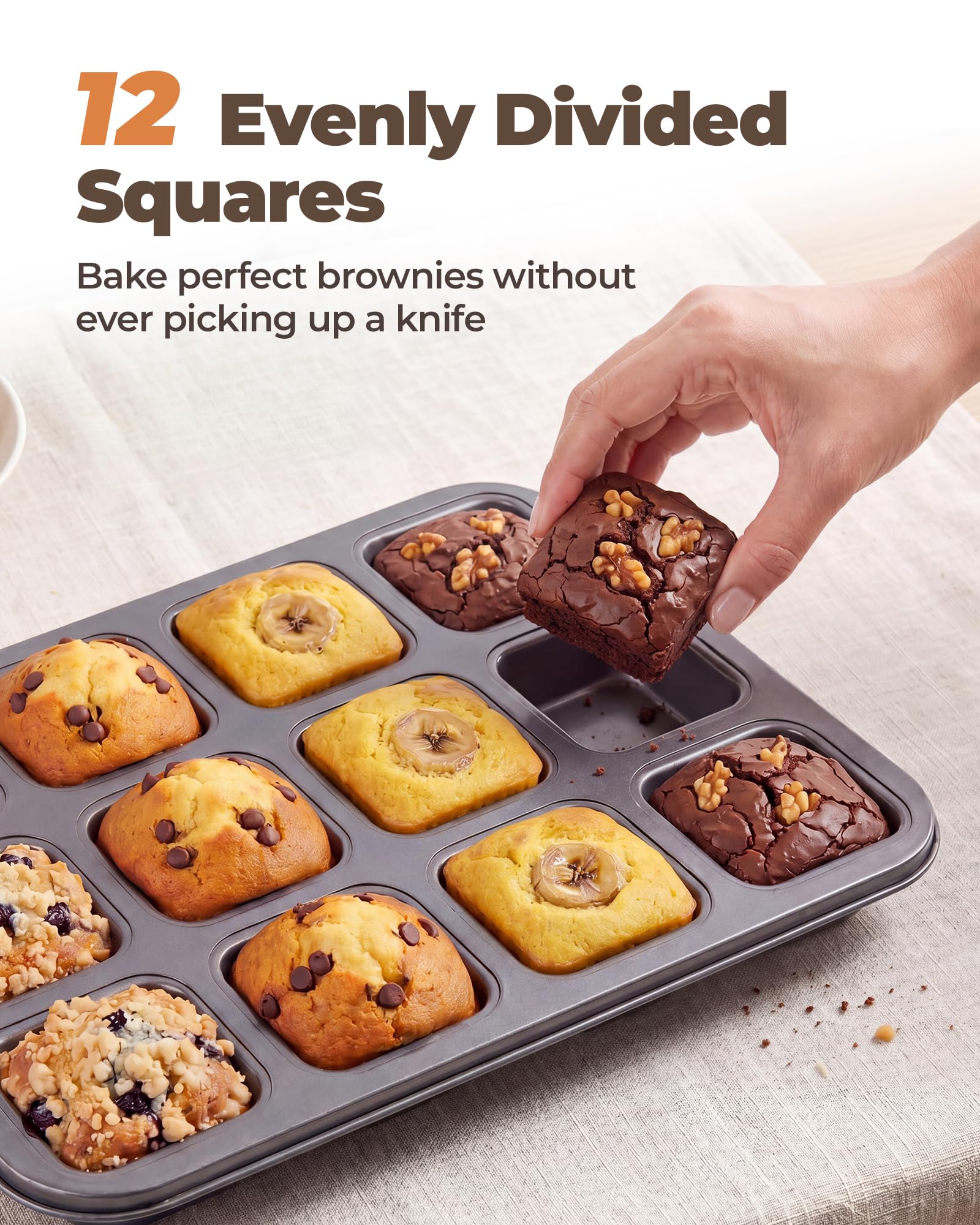 Bake Choice Square Brownie Pan with Dividers, Non-Stick Carbon Steel 12-Cavity Baking Tray for Brownies, Cupcakes, Muffins, Cookies and Bread