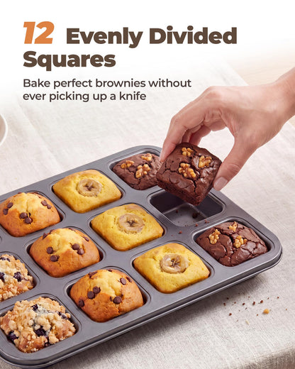 Bake Choice Square Brownie Pan with Dividers, Non-Stick Carbon Steel 12-Cavity Baking Tray for Brownies, Cupcakes, Muffins, Cookies and Bread