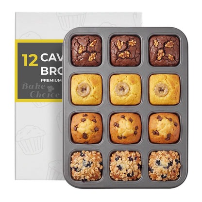 Bake Choice Square Brownie Pan with Dividers, Non-Stick Carbon Steel 12-Cavity Baking Tray for Brownies, Cupcakes, Muffins, Cookies and Bread