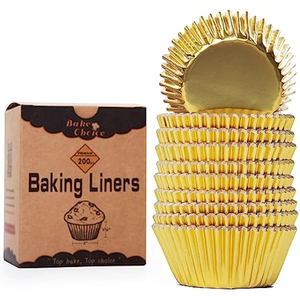 Bake Choice Non-stick 200-pack Gold Foil Cupcake Liners for baking, Standard Size Foil muffin liners Cupcake Wrappers, Greaseproof, Christmas Cupcake Liners for Christmas Decorations