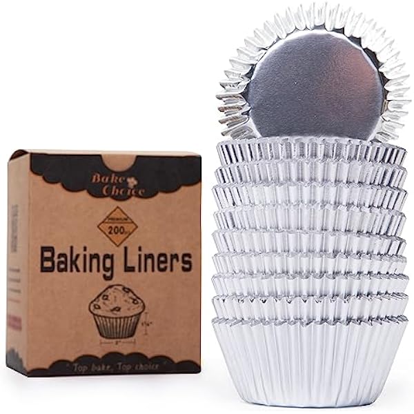Bake Choice Non-Stick 200pcs Silver Foil Cupcake Liners for baking, Standard Size Foil muffin liners, Cupcake Wrappers Christmas Cupcake Liners for Christmas Decorations