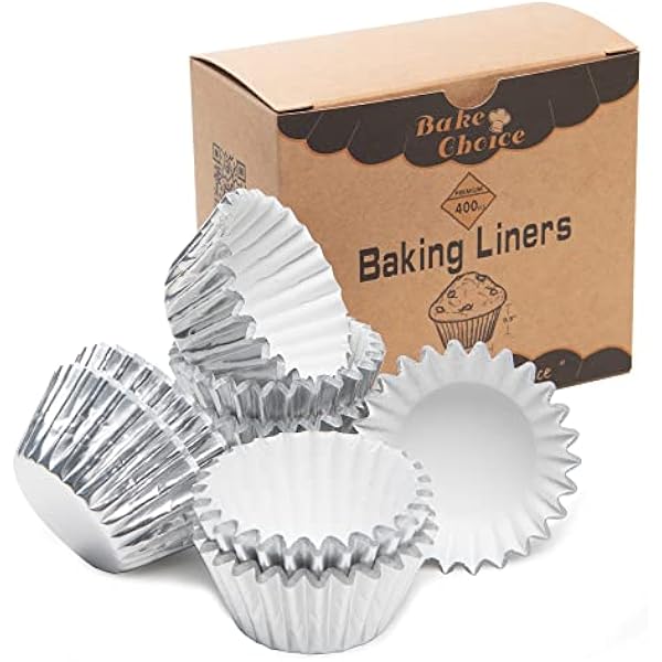 Non-Stick 400pcs Silver Mini Cupcake Liners for baking, Mini Size Foil muffin liners Cupcake Wrappers by Bake Choice Christmas Cupcake Liners for Christmas Decorations