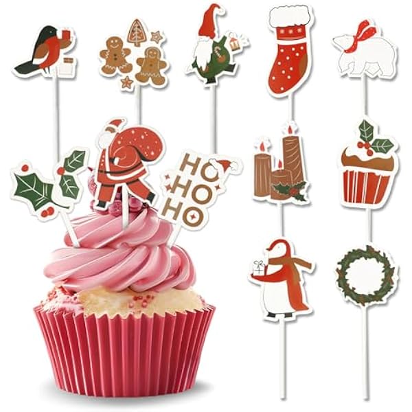 Bake Choice 48 PCS Christmas Cupcake Toppers, Christmas Cake Decorations, Cupcake Picks, Cupcake Decorations for Xmas Party, Baby Shower, Holiday, Birthday Party