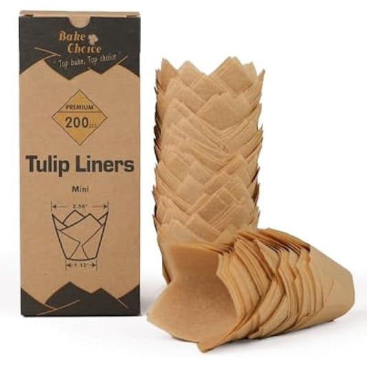 Bake Choice 200pcs Natural Mini Tulip Cupcake Liners for Baking Cups, Unbleached, Greaseproof EU Parchment paper, Mini Tulip Muffin Liners for Party, Christmas, Valentines