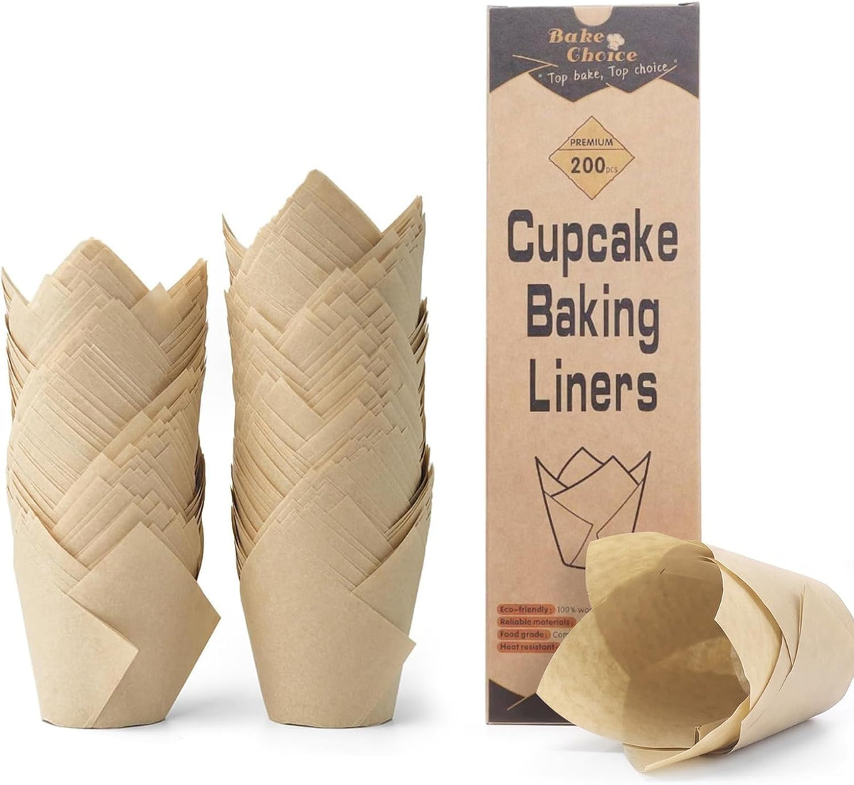 Bake Choice 200pcs Natural Tulip Cupcake Liners for Baking, EU 75GSM Paper — main product image