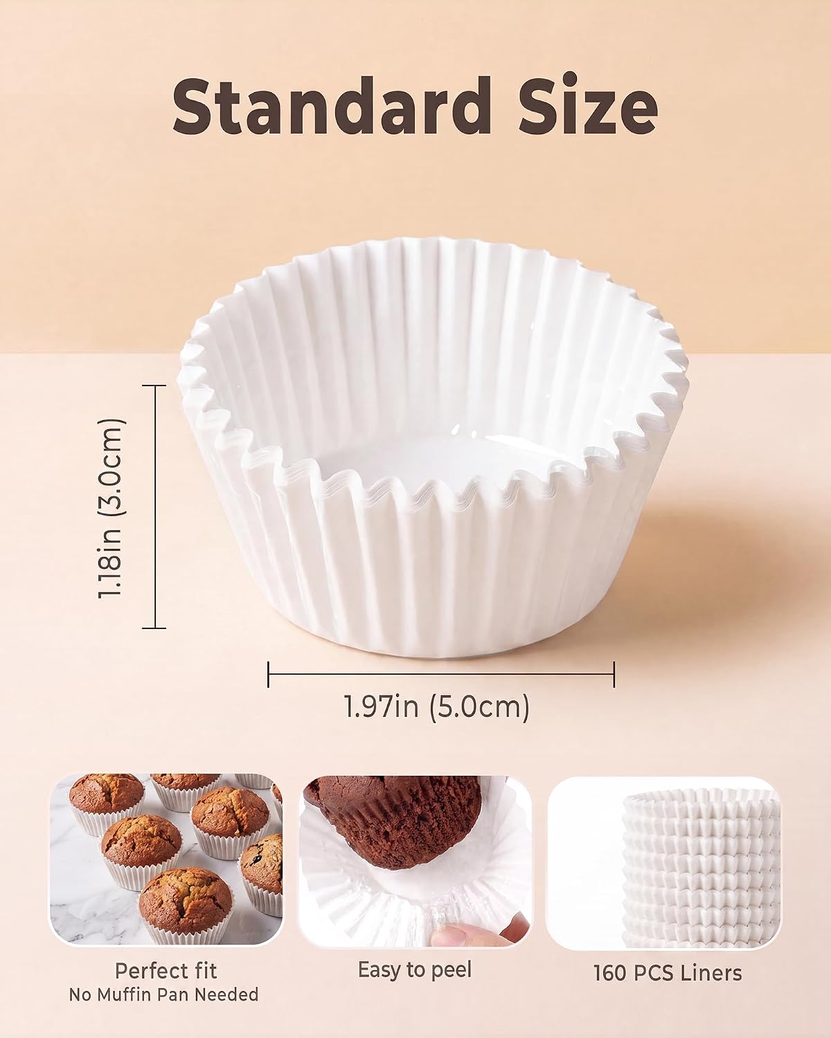 Bake Choice Standard Cupcake Liners for Baking, 160PCS, Non-stick, White — product details