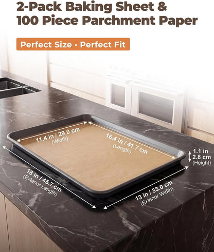 Bake Choice 2 Pack 18x13In Half Sheet Pans With 100Pcs Parchment Sheets — product details