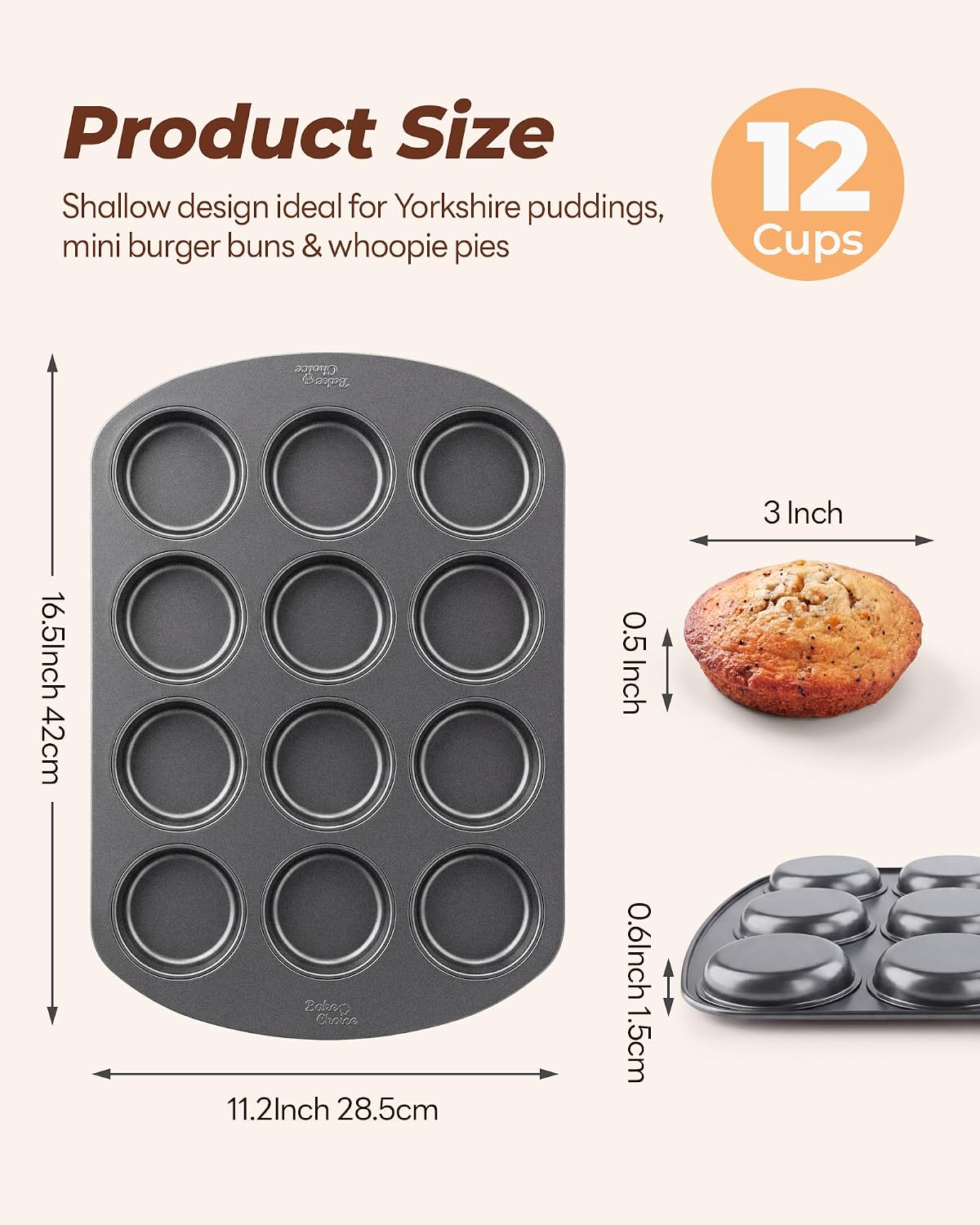 Bake Choice Muffin Top Pan, 12 Cavity Baking Pan for Muffin Tops, Non-Stick — product details