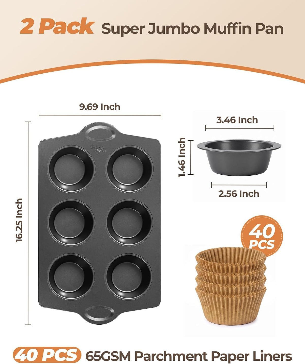 Bake Choice 2 Super Jumbo Muffin Pan for Baking with 40 PC 65GSM Liners — product details
