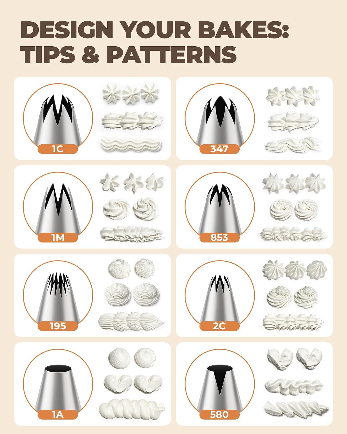 Bake Choice 8-Piece Large Piping Tips Set | 1A、1M、580、853、195、1C、2C、347 — product details