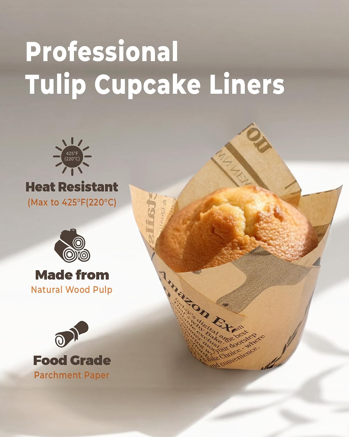 Bake Choice 200pc Standard Tulip Cupcake Liners for Baking, Newspaper Print — product details