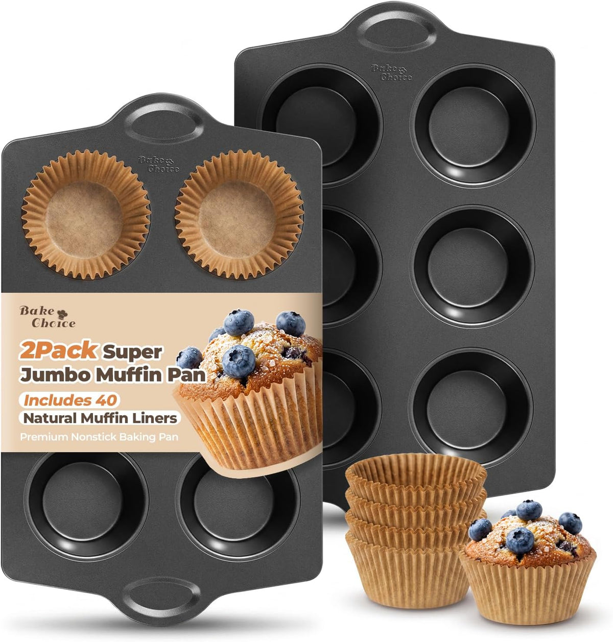 Bake Choice 2 Super Jumbo Muffin Pan for Baking with 40 PC 65GSM Liners — main product image