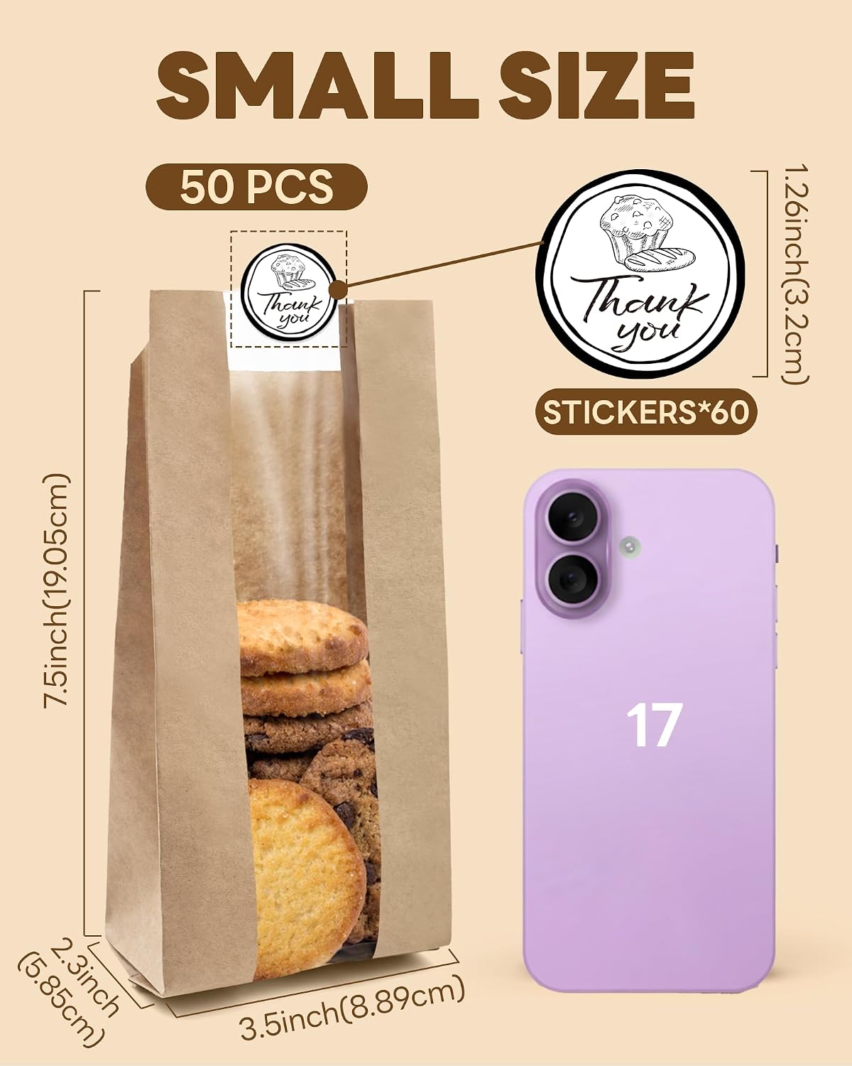 Bake Choice 50 PCS Small Cookie Bags with Seal, 3.5"x 2.3"x7.5 Treat Bags — product details