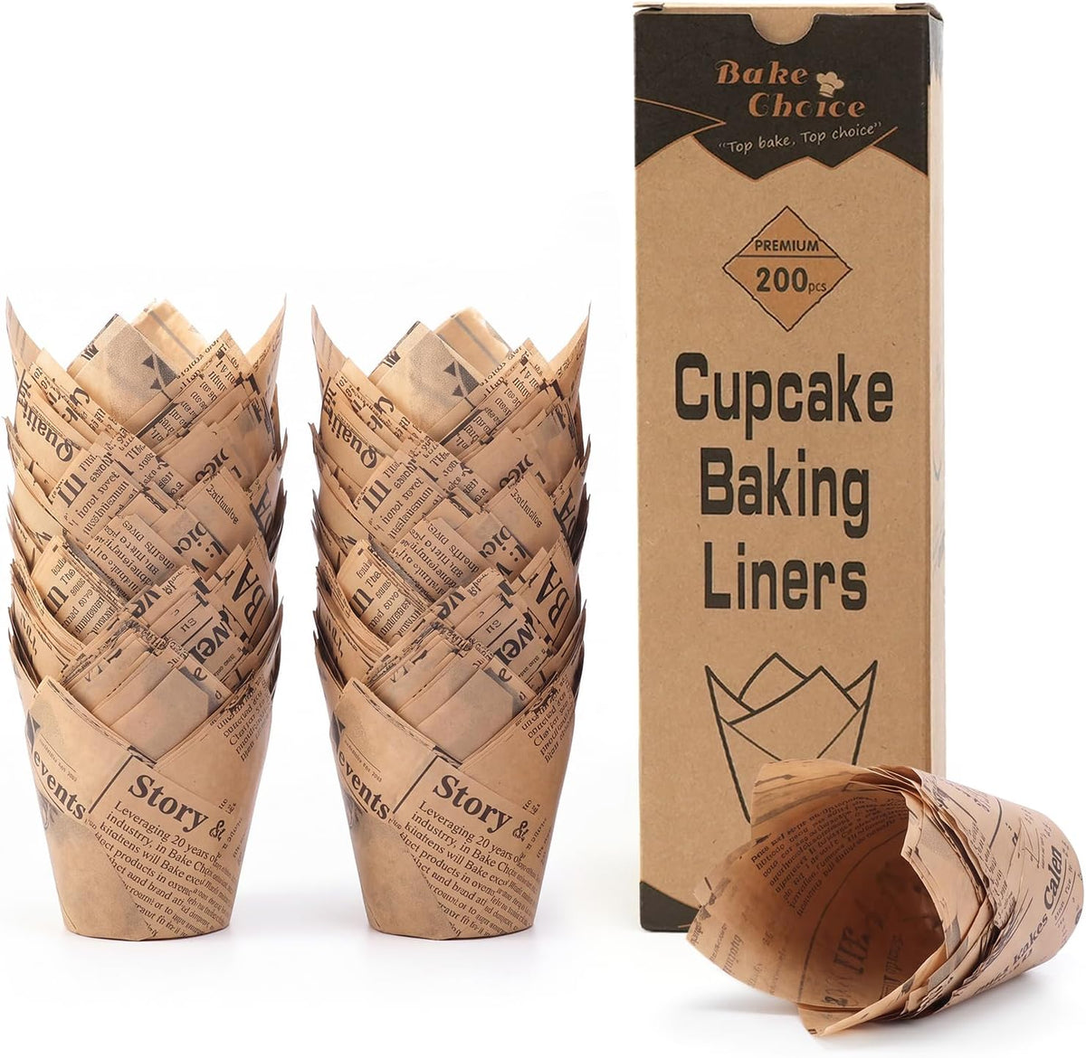 Bake Choice 200pc Standard Tulip Cupcake Liners for Baking, Newspaper Print — main product image