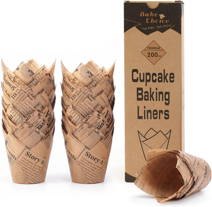 Bake Choice 200pc Standard Tulip Cupcake Liners for Baking, Newspaper Print — main product image
